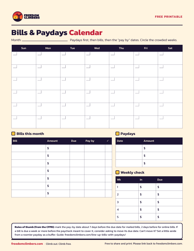 Bills and paydays monthly calendar printable