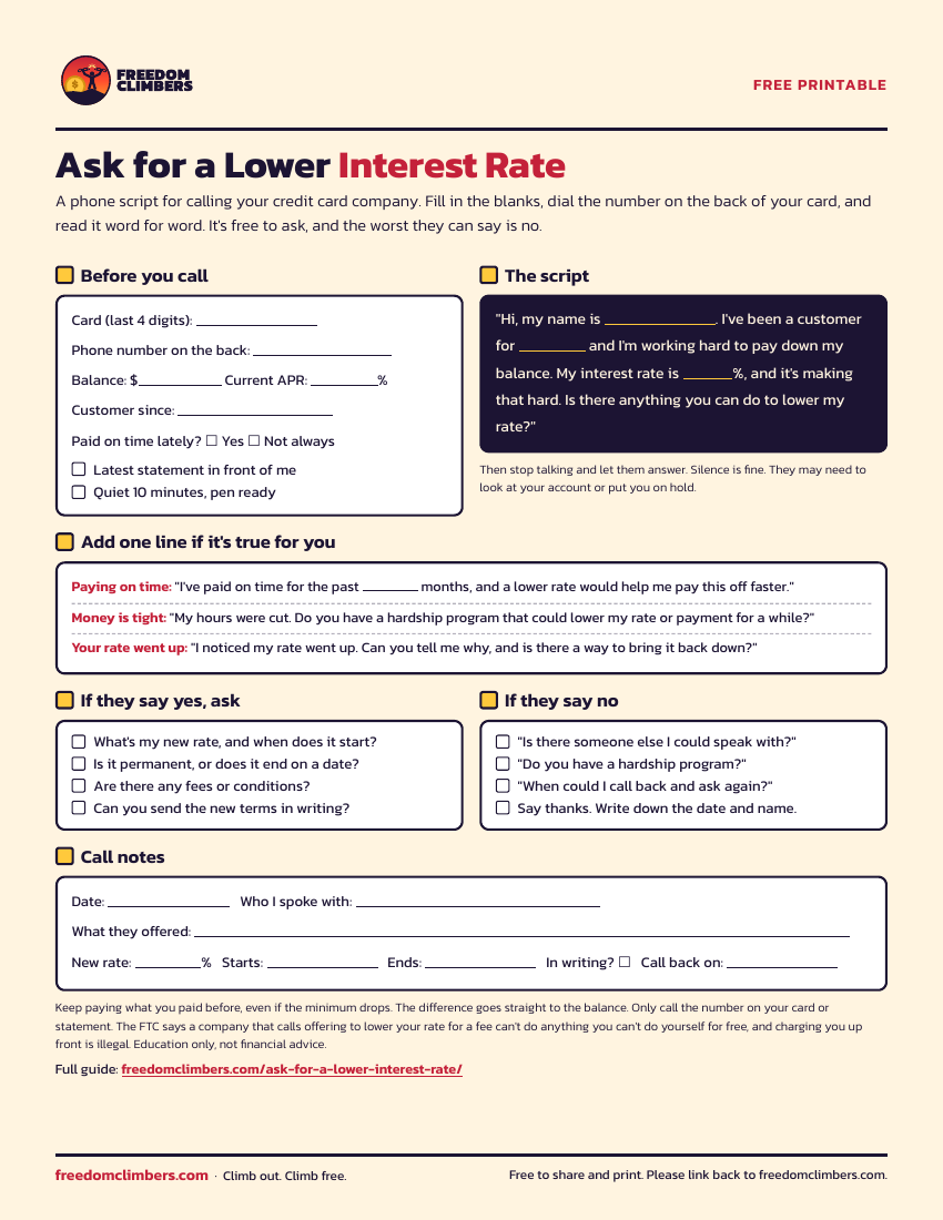 Ask for a lower interest rate phone script printable: fill-in script, what to ask if they say yes or no, and call notes