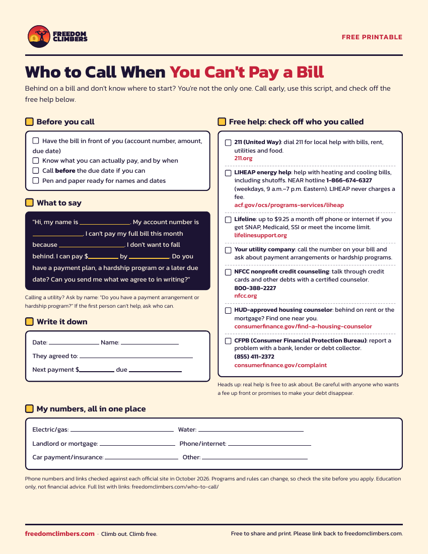Who to Call When You Can't Pay a Bill printable: call script and free help checklist